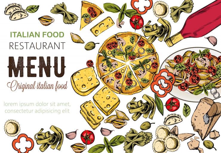 Vector gratuito composición de alimentos de arte lineal con deliciosa pizza, pasta con tomate, queso y vino tinto.