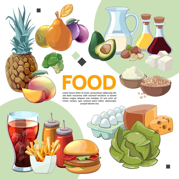 Composición de alimentos coloridos dibujos animados