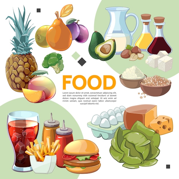 Composición de alimentos coloridos dibujos animados