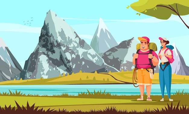 Vector gratuito composición alpinista escaladora con paisaje al aire libre y vista del lago con montañas y personajes de pareja amorosa ilustración vectorial