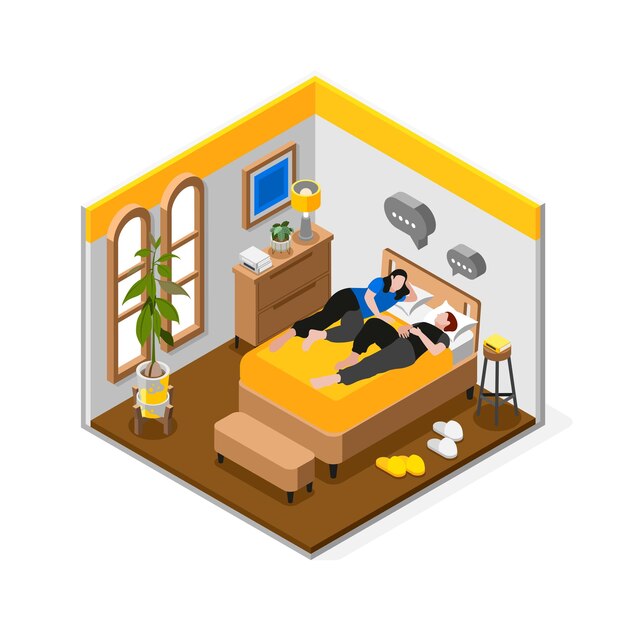 Composición de amigas isométricas de colores aislados dos amigas charlando entre ellas mientras están acostadas en la cama ilustración vectorial