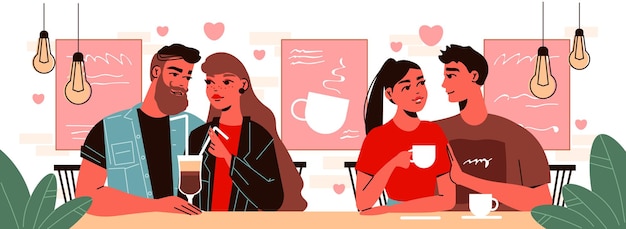 Composición de amor del día de san valentín con personajes humanos de dos parejas que tienen cita en la cafetería con bebidas