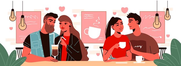 Composición de amor del día de San Valentín con personajes humanos de dos parejas que tienen cita en la cafetería con bebidas