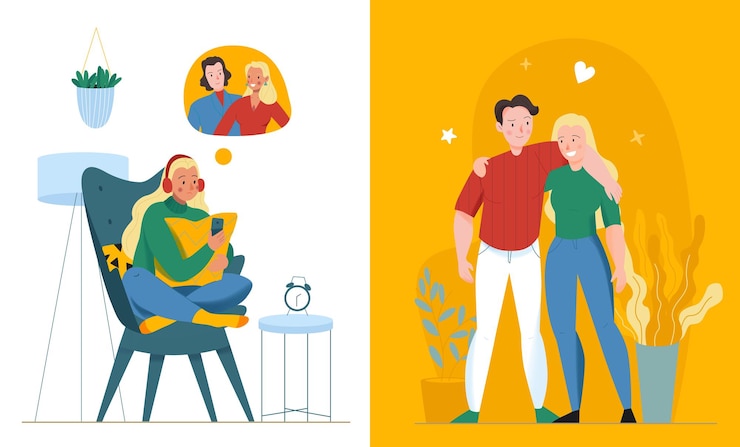 Vector gratuito composición de amor solitario y juntos con símbolos de relación ilustración vectorial aislada plana