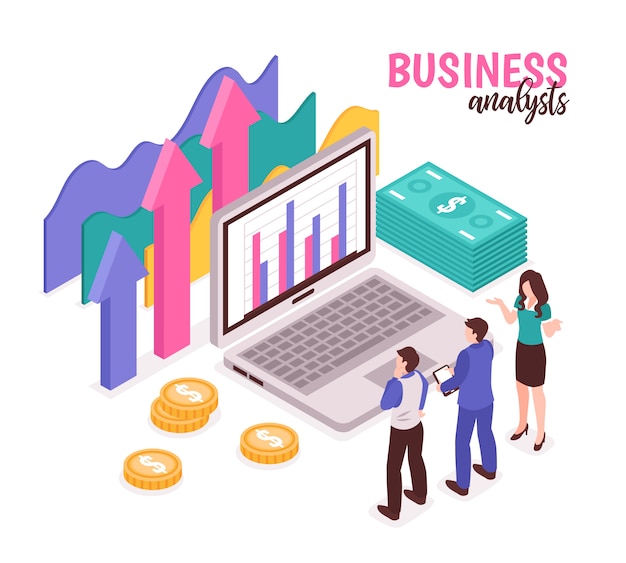 Vector gratuito composición analista empresarial con diagramas de datos y estadísticas isométricas.