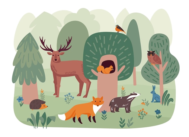 Vector gratuito composición de animales del bosque con árboles de paisajes al aire libre cubiertos de niebla y flores con pájaros y bestias ilustración vectorial