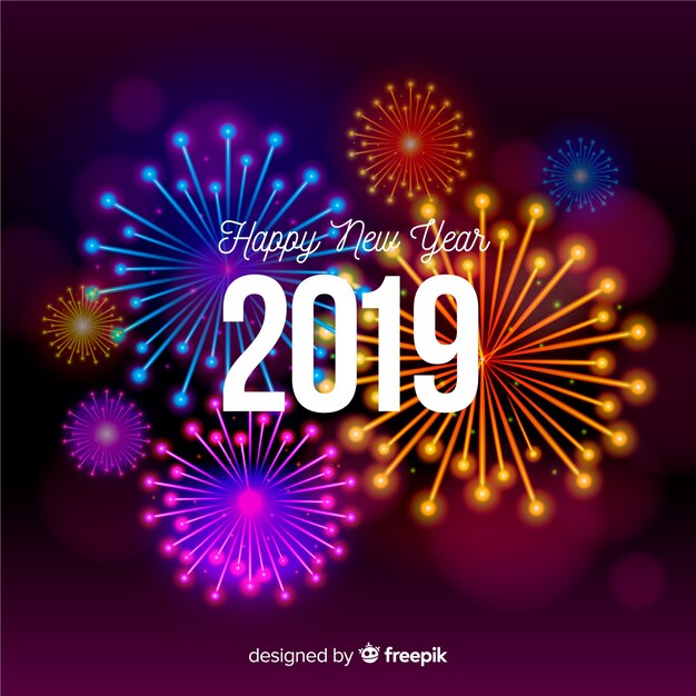 Composición de año nuevo 2019 con fuegos artificiales