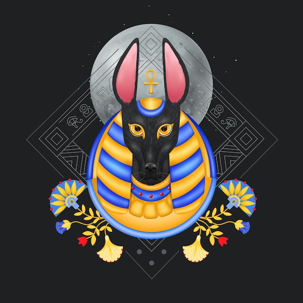 Composición de Anubis con imagen de estilo avatar de dios egipcio con flores de cabeza de perro y adornos geométricos ilustración vectorial