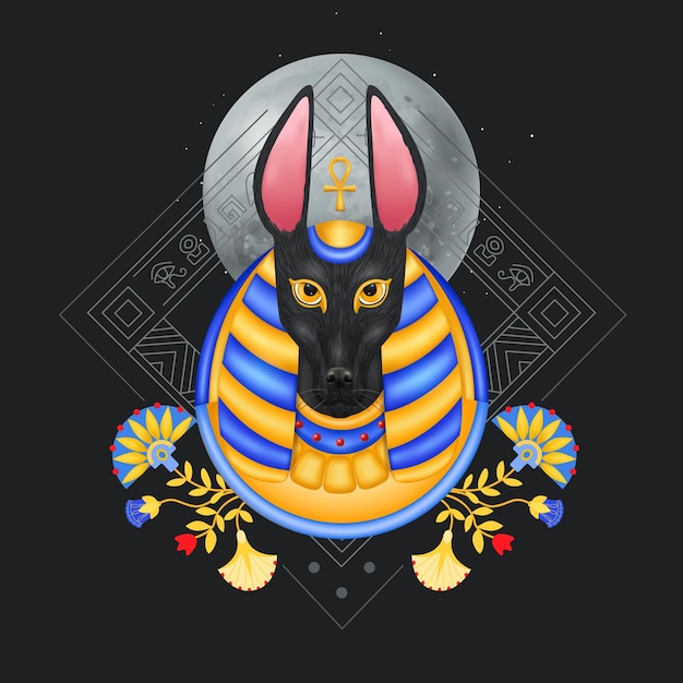 Vector gratuito composición de anubis con imagen de estilo avatar de dios egipcio con flores de cabeza de perro y adornos geométricos ilustración vectorial