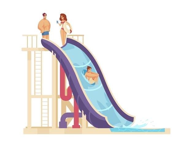 Vector gratuito composición de aquapark con imagen de tobogán de agua alto con personajes humanos en la ilustración de vector superior