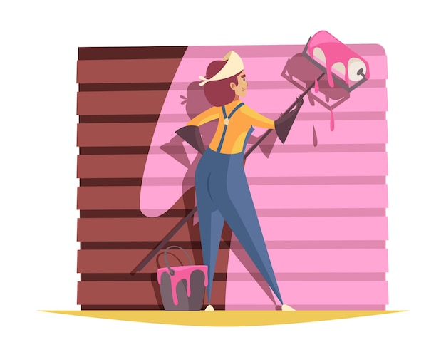 Vector gratuito composición de artesano con personaje femenino de pintor de paredes con cubo de ilustración de vector de pintura rosa