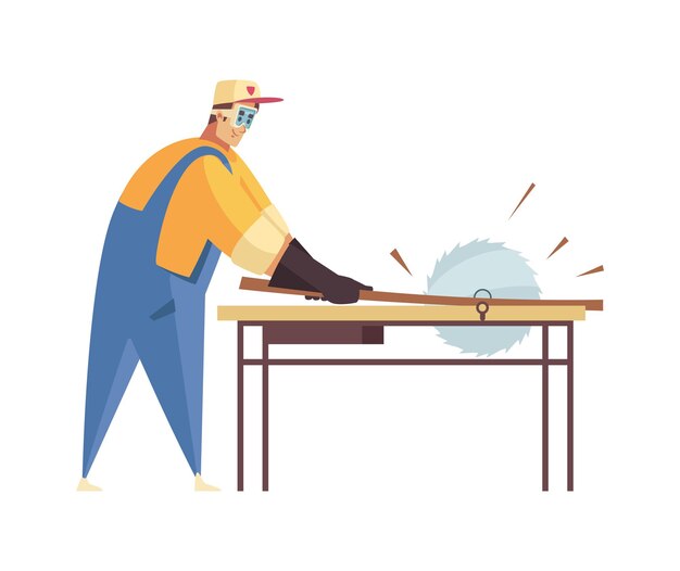 Composición de artesano con vista aislada de madera de sierra de costura de leñador macho en la ilustración de vector de escritorio