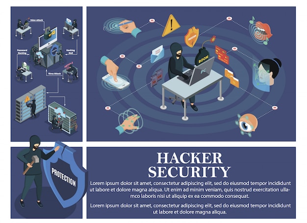 Composición de ataque de piratería isométrica con elementos de seguridad de identificación biométrica y piratas informáticos que rompen computadoras personales, centros de datos, servidores en la nube