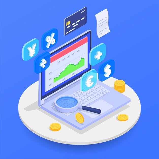 Composición de auditoría contable y financiera con símbolos de inspección ilustración vectorial isométrica