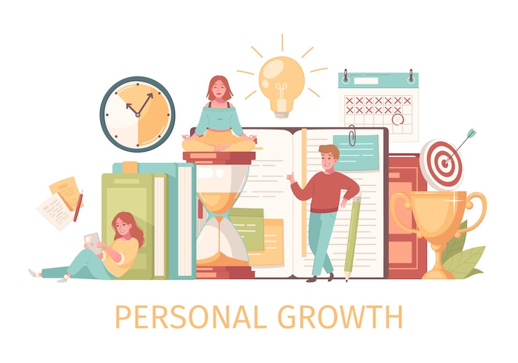 Vector gratuito composición de autodesarrollo de crecimiento personal con texto y caracteres humanos con ilustración de iconos de destino y tiempo de cuadernos