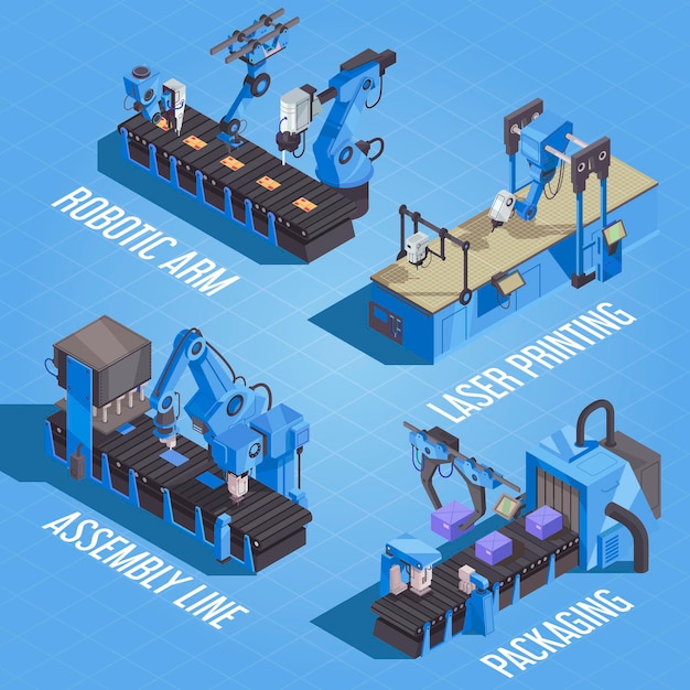 Composición de automatización de robot isométrica con línea de ensamblaje de impresión láser de brazo robótico y descripciones de empaque