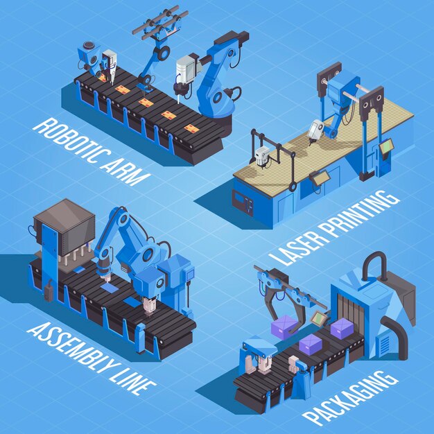 Composición de automatización de robot isométrica con línea de ensamblaje de impresión láser de brazo robótico y descripciones de empaque