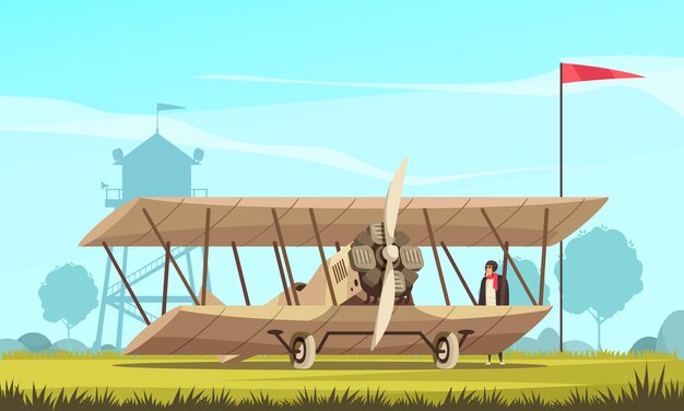 Composición de avión de transporte vintage con paisaje al aire libre y vista de campo con aviones turbopropulsados clásicos