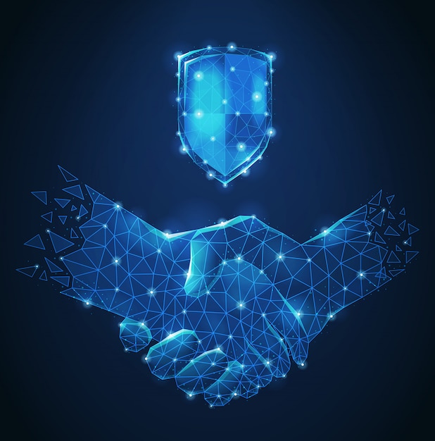 Composición azul abstracta de apretón de manos de estructura metálica poligonal como símbolo amistad y asociación comercial ilustración vectorial