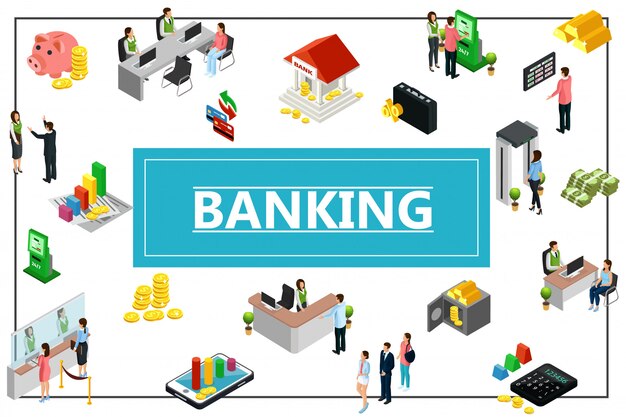 Composición de la banca isométrica con la construcción de monedas de dinero seguro de barras de oro calculadora cajero automático hucha recepcionista cajero consultor gerentes clientes en marco