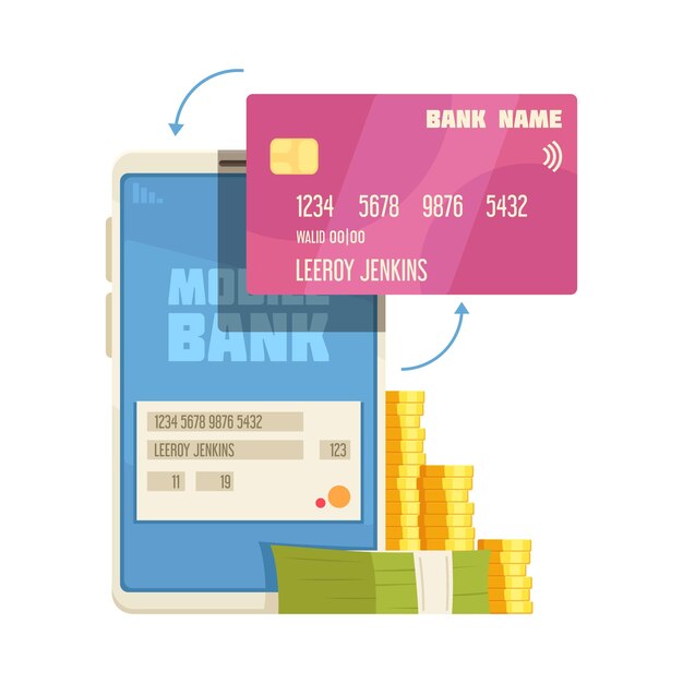 Composición de banco móvil en línea con imagen de teléfono inteligente con tarjeta de crédito y pilas de ilustración de vector de efectivo