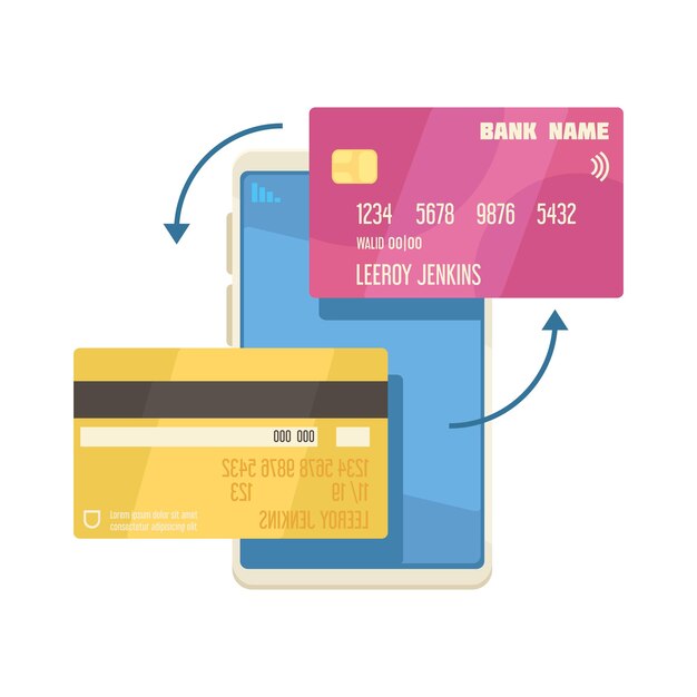 Composición de banco móvil en línea con imágenes de teléfono inteligente y dos tarjetas de crédito con ilustración de vector de flechas de intercambio