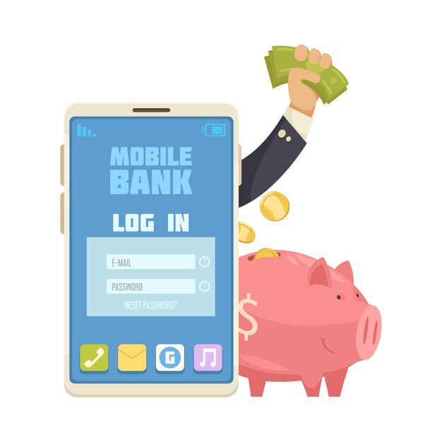 Composición de banco móvil en línea con imágenes de teléfono inteligente con página de inicio de sesión mano humana con dinero y ilustración de vector de alcancía