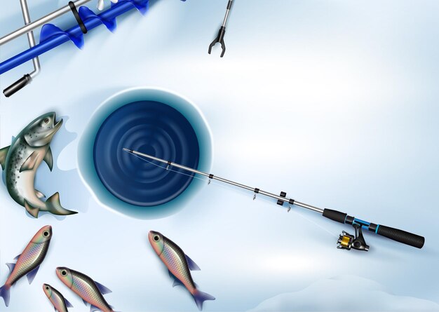 Composición de banner de pesca de invierno de imágenes de peces realistas con agujero en el hielo e ilustración de aparejos de pesca