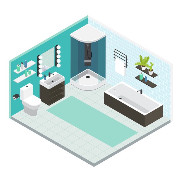 Composición de baño interior de color isométrico con reparación terminada o diseño de reparación