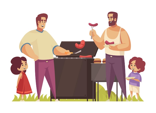 Composición de barbacoa con parrilla de barbacoa al aire libre y dos hombres adultos con sus hijos ilustración vectorial