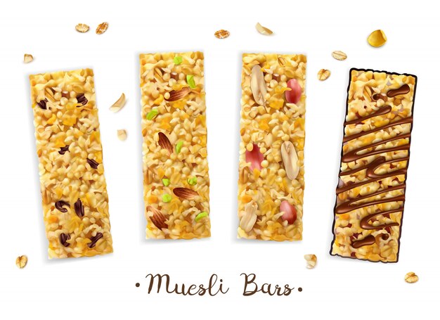 Composición de barras de muesli de superalimento realista con un conjunto de cuatro barras rectangulares con diferentes ingredientes y texto