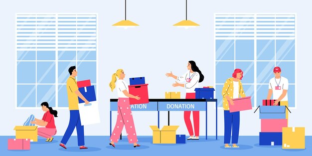 Composición benéfica plana con equipo de voluntarios que trabajan con cajas de donación ilustración vectorial