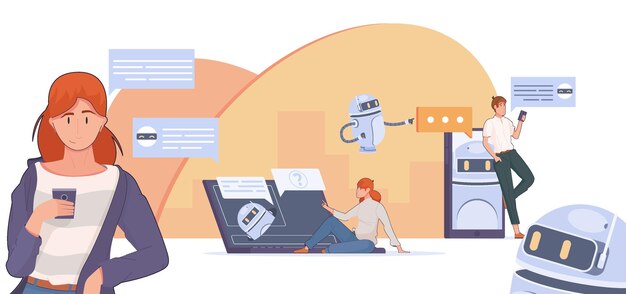 Composición de bots de chat con personajes humanos que usan aparatos y robots voladores que difunden burbujas de chat imágenes planas ilustraciones vectoriales