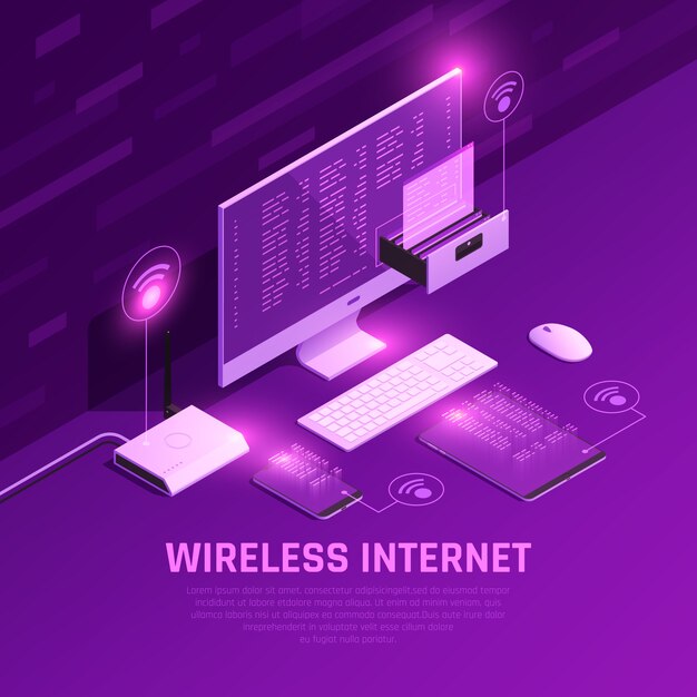 Composición brillante isométrica de internet inalámbrico con enrutador pc y dispositivos móviles en púrpura