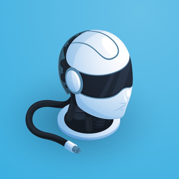 Composición de la cabeza del robot con casco de alta tecnología estilo blanco y negro con auriculares y cable desenchufado ilustración vectorial