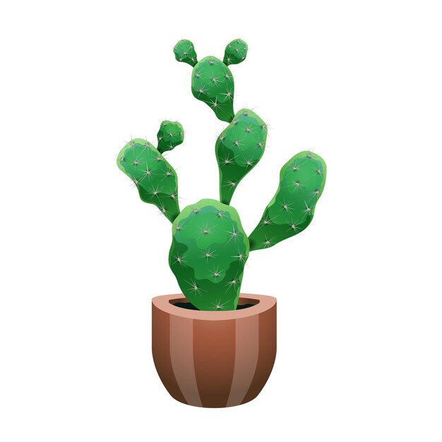 Composición de cactus con imagen aislada de nopal en maceta en blanco