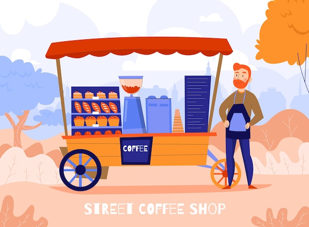 Vector gratuito composición de café de los vendedores con paisaje otoñal al aire libre y unidad móvil con máquina de café y carácter de barista