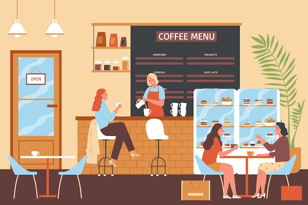 Composición de cafetería con interior de café de paisaje interior con asientos y soporte de bar con ilustración de vector de personajes humanos
