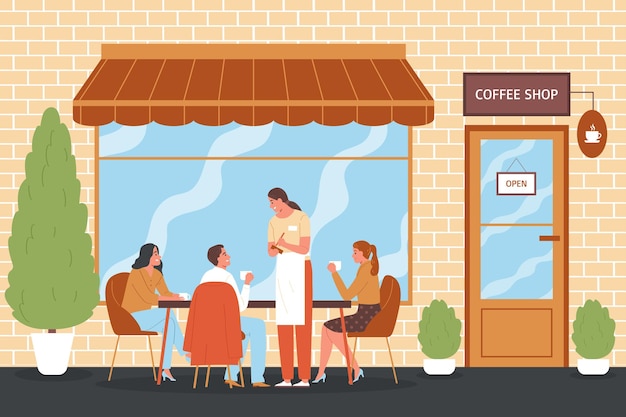 Composición de cafetería con paisaje al aire libre y grupo de amigos tomando café en la mesa con ilustración de vector de camarero