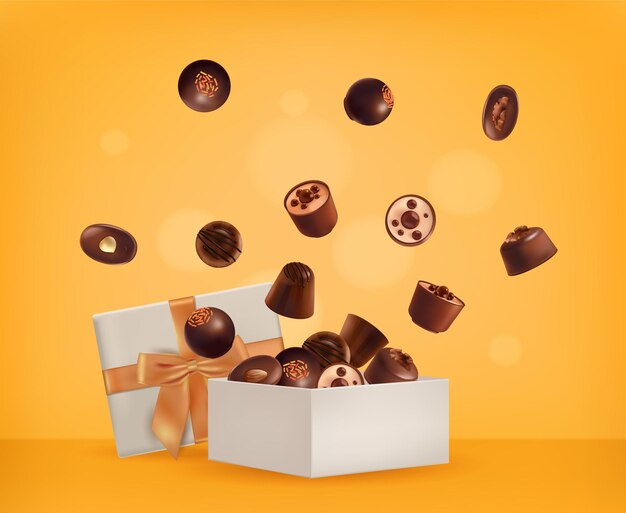 Composición de caja de chocolate realista con imágenes de caramelos de choco voladores con lazo naranja en la ilustración de vector de fondo borroso