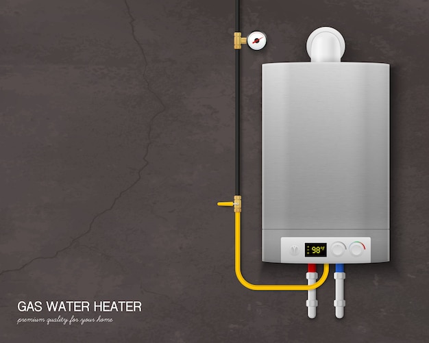 Vector gratuito composición de caldera de gas de color y realista con herramientas en la pared en gris