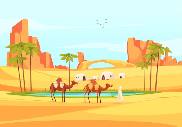 Composición de camellos del oasis en el desierto