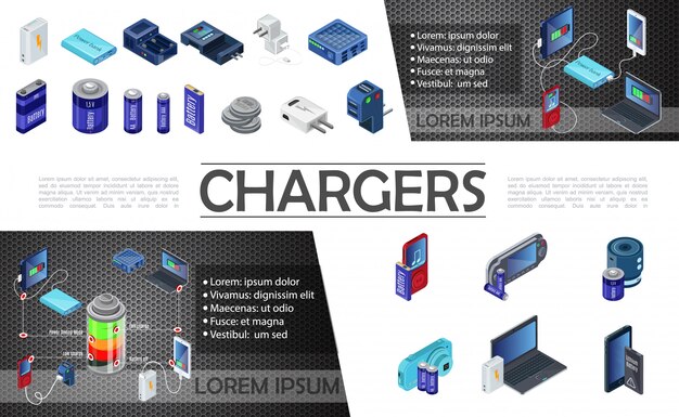Composición de cargadores isométricos modernos con power bank y baterías de diferente capacidad para reproductor de audio portátil cámara portátil