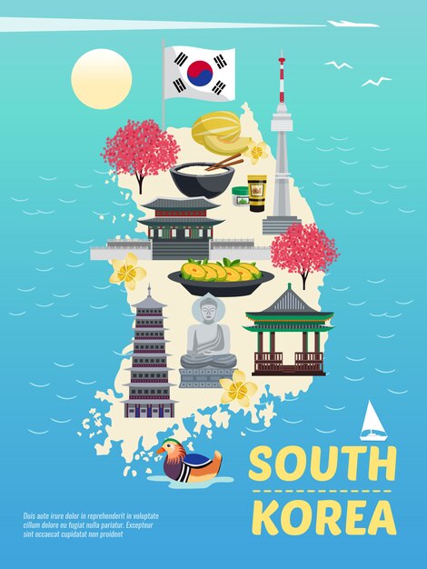 Composición de carteles verticales de turismo de Corea del sur con imágenes de doodle en silueta de isla con ilustración de mar y texto