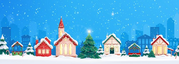 Composición de casas navideñas con vista a la calle con paisaje urbano y fila de casas con ilustración de vector de nieve que cae