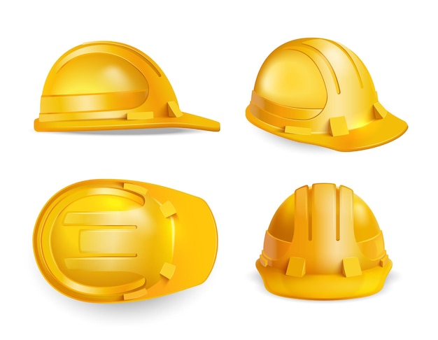 Composición de casco de construcción de seguridad realista con imágenes aisladas de casco amarillo con diferentes ángulos de visión ilustración vectorial