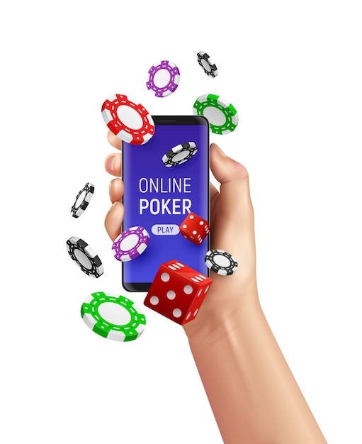 Composición de casino de club de póquer realista con mano humana sosteniendo teléfono inteligente y fichas voladoras ilustración vectorial
