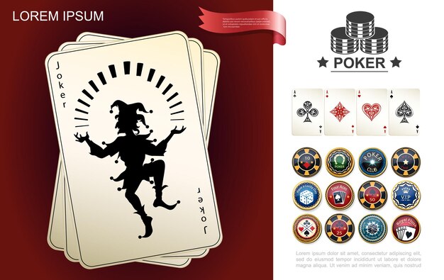 Composición de casino y juegos de azar con comodines y ases jugando a las cartas fichas de póquer en estilo realista