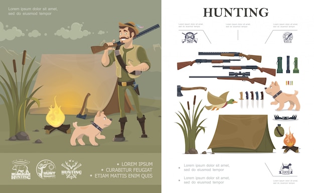 Composición de caza plana con cazador y perro cerca de carpas emblemas arma linternas pato hacha balas trampa botella hoguera