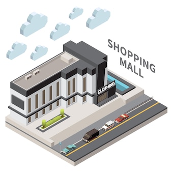 Composición del centro comercial con ilustración isométrica de símbolos de tienda local
